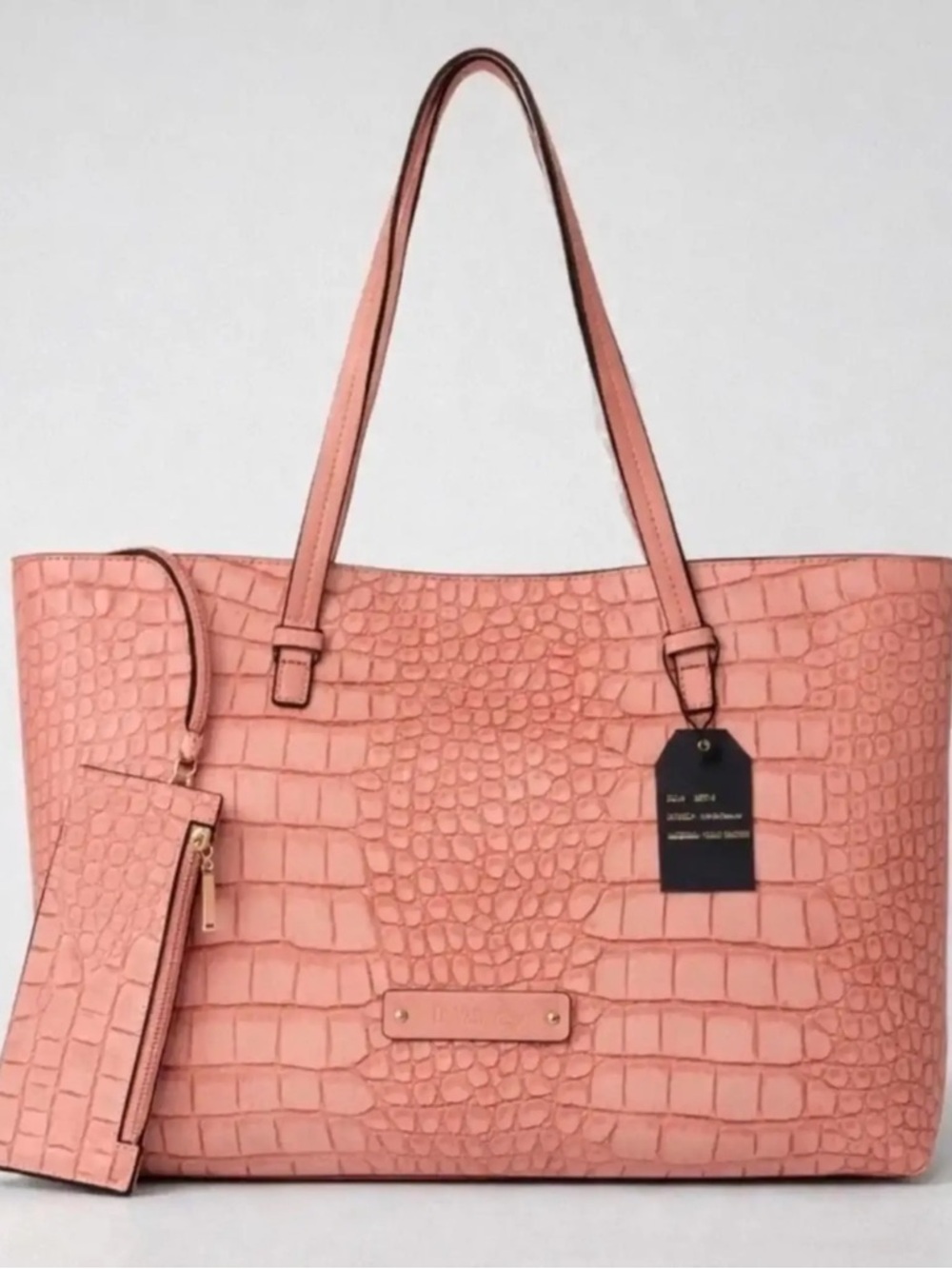 Croc-Embossed Pink Tote Bag with Pouch